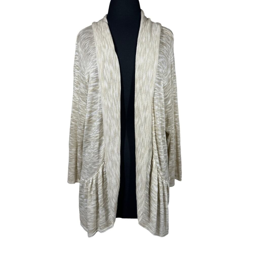 ALC Open Cardigan Long Sleeve Shawl Collar Slub Ruffle Tan White Sz 3X Vintage